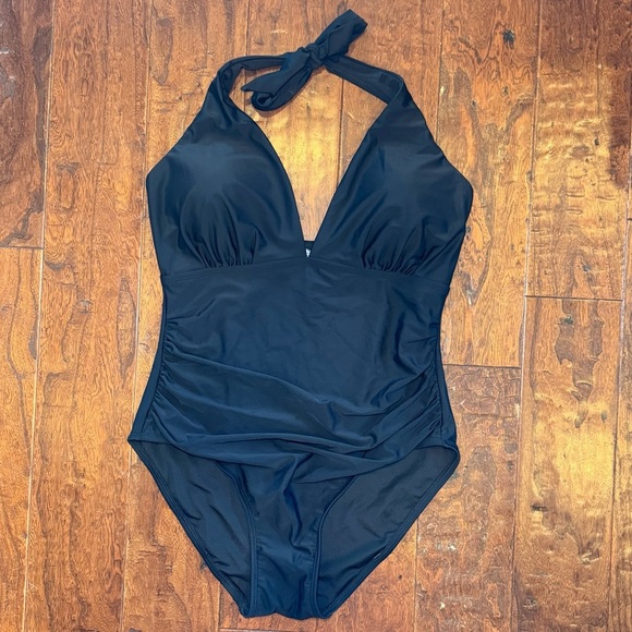 NWOT DKNY Halter One Piece Swimsuit Black Tummy Control Vacation Resort XXL - Picture 2 of 12